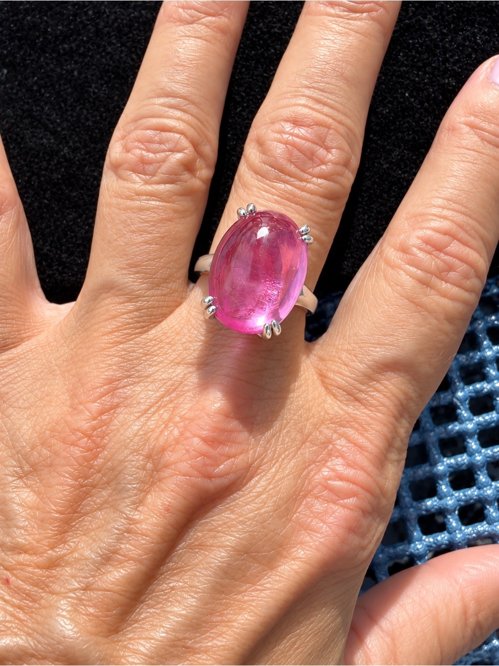 Hot Pink Oval Cabochon 925 Sterling Silver Ring Size 7 Large Statement Cocktail